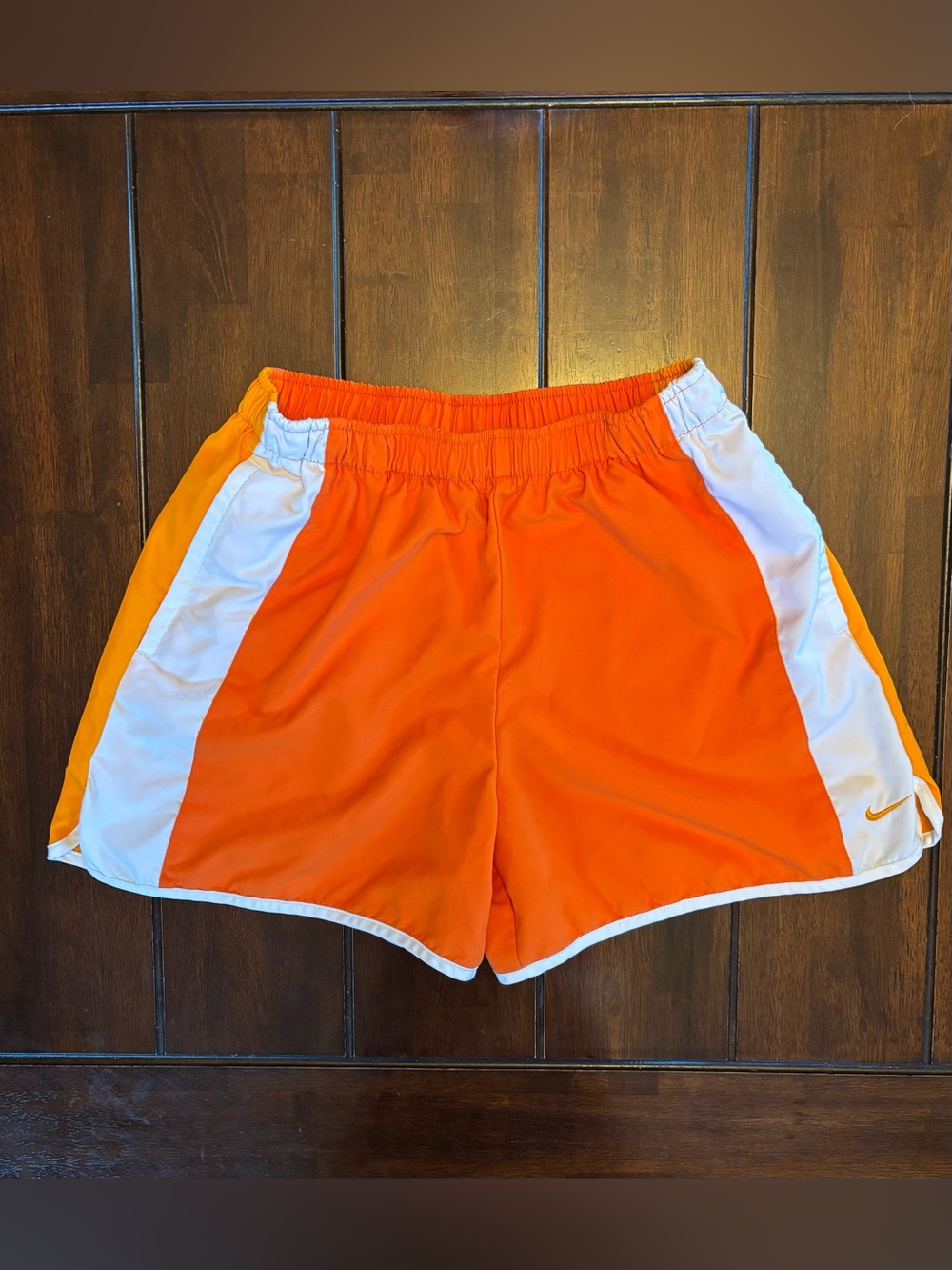 Nike Retro Style Orange Athletic Shorts with White Side Panels, Pockets, Small